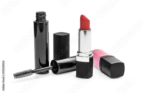 Makeup mascara with lipstick on white.