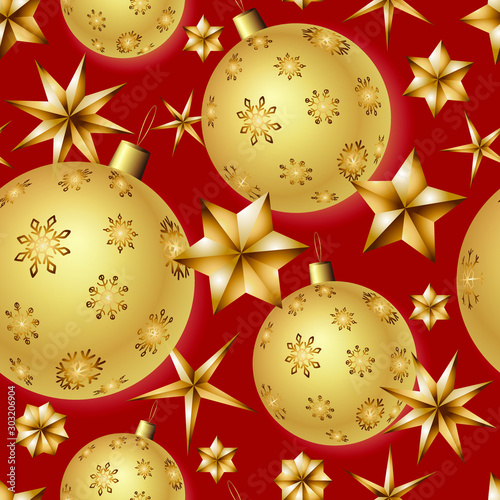 Vector seamless pattern with shining golden holiday balls decorated by snowflakes and gold stars on deepred background. Rich new year or christmas design for textile, fabric, wrapping paper photo