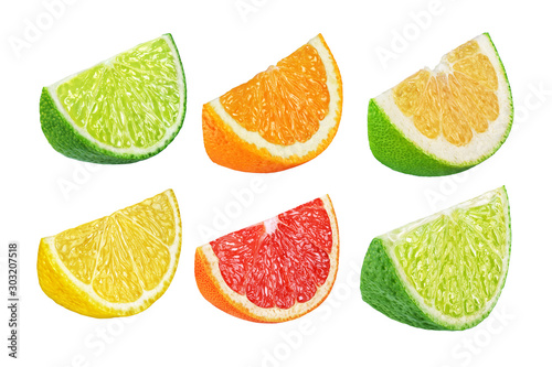 Set of different citrus fruits isolated on white background