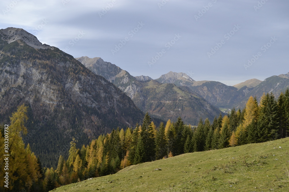 Autumn landscape with mountains in background