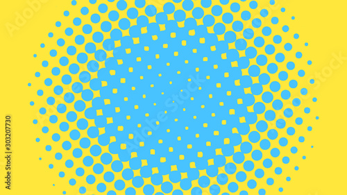 Blue and yellow pop art background in retro comic style with halftone dots design isolated