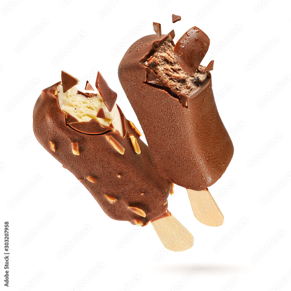 Two bitten chocolate ice creams popsicle with coating isolated Two bitten chocolate ice creams popsicle with coating isolated