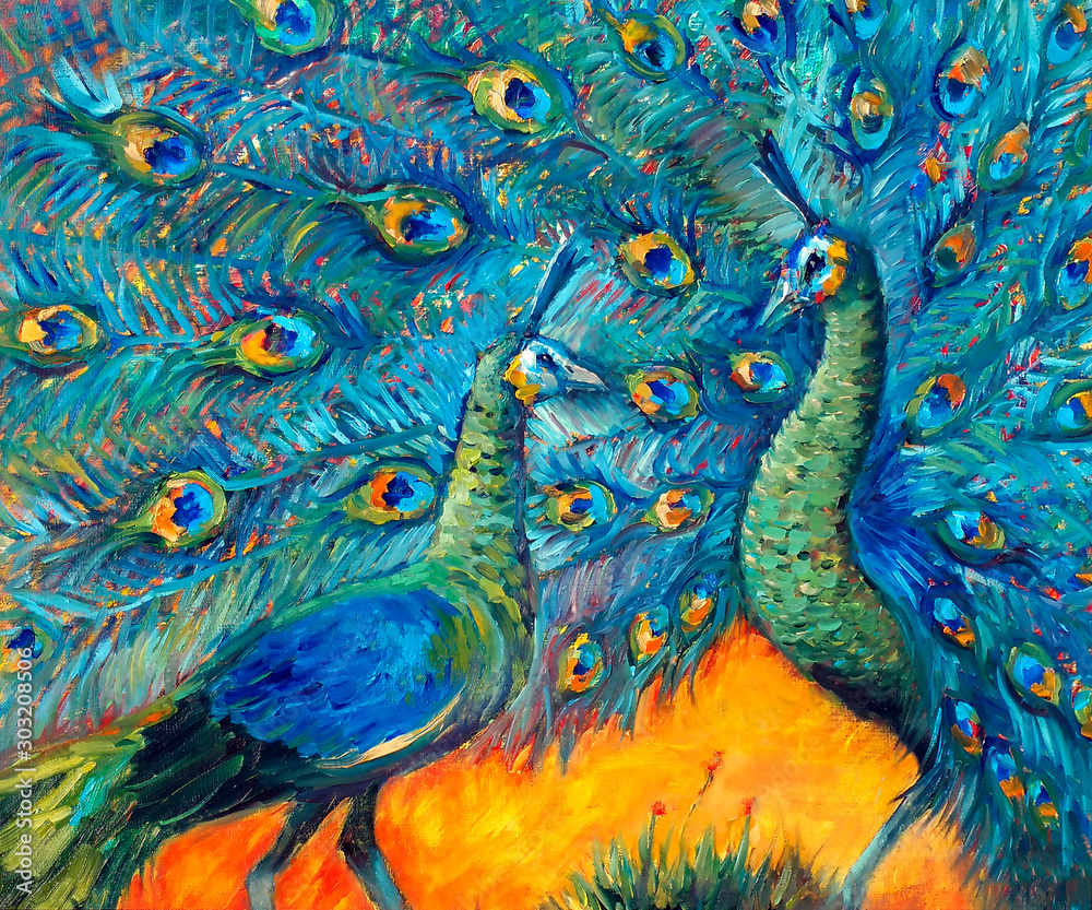 Fototapeta premium Art oil painting of javanese green peacock. Couple of beautiful birds in expressionism style. Expressive oil picture.