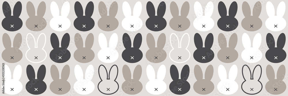 Cute Scandinavian Easter Bunny horizontal banner with primitive geometric silhouettes of rabbit head in neutral colors