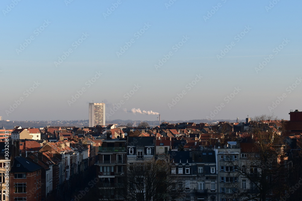 Brussels city and white smokes of an industrial chimney 