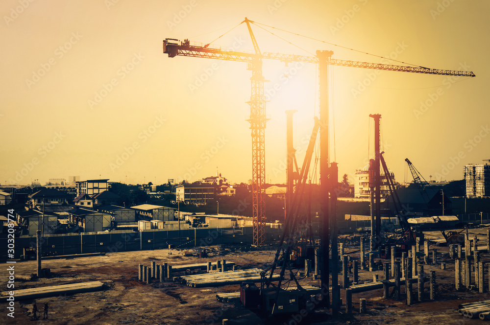 construction site on high ground heavy industry and safety concept over  natural background sunset 