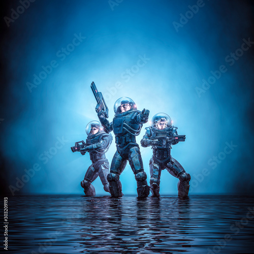 Bild auf Leinwand Search party patrol / 3D illustration of science fiction scene showing heroic sp