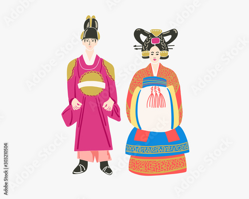 couple in traditional korean wedding dresses, wear korean hanbok costume