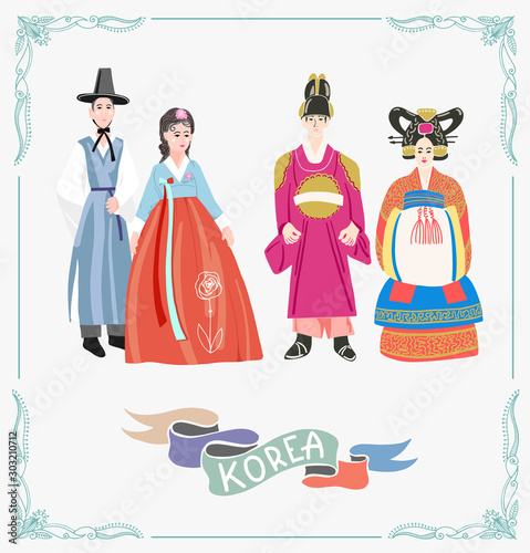 couple in traditional korean wedding dresses, wear korean hanbok costume