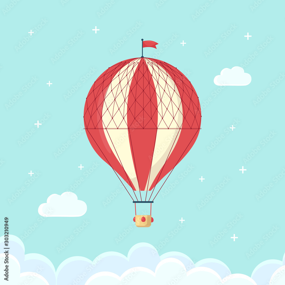 Fototapeta premium Vintage retro hot air balloon with basket in sky isolated on background. Vector cartoon design