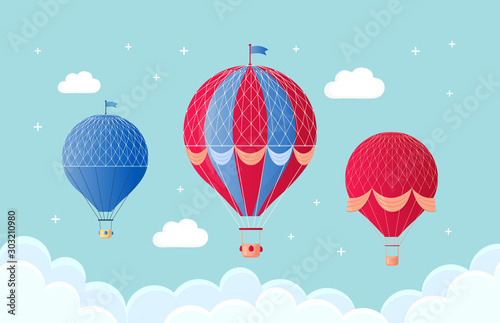 Fototapeta Naklejka Na Ścianę i Meble -  Set of vintage retro hot air balloon with basket in sky isolated on background. Vector cartoon design