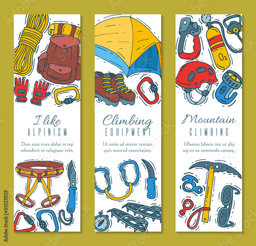 Hiking equipment vector illustration. Mountain climbing, alpinism and mountaineering cartoon icons templates for flyers or invitation cards. Adventures of hike symbols