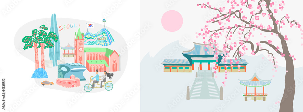 illustration of Seoul city and traditional village in South Korea