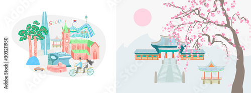 illustration of Seoul city and traditional village in South Korea