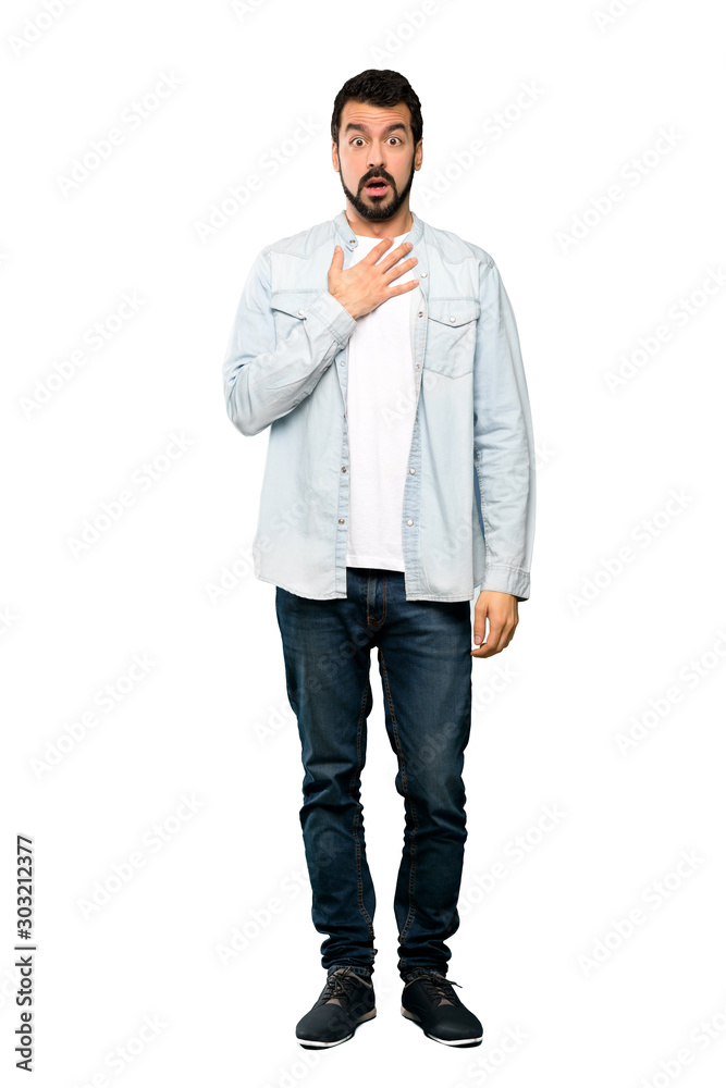 Full-length shot of Handsome man with beard surprised and shocked while looking right over isolated white background Full-length shot of Handsome man with beard surprised and shocked while looking right over isolated white background