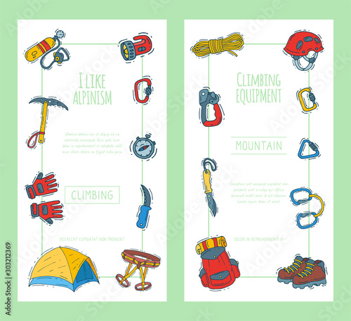 Hiking equipment vector illustration. Mountain climbing, alpinism and mountaineering cartoon icons templates for flyers or invitation cards. Adventures of hike symbols