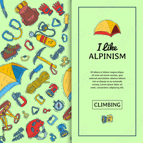 Alpinism equipment seamless pattern vector illustration. Mountain climbing, hiking and mountaineering cartoon symbols. Adventures hike icons