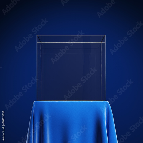 Carta da parati Empty podium with blue cloth and glass display case