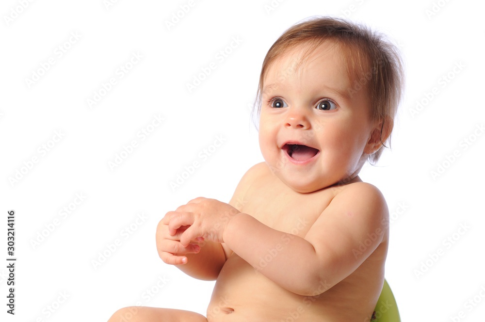 Smiling positive year little child girl portrait. Surprised baby on isolated white background. Happy childhood Smiling positive year little child girl portrait. Surprised baby on isolated white background. Happy childhood