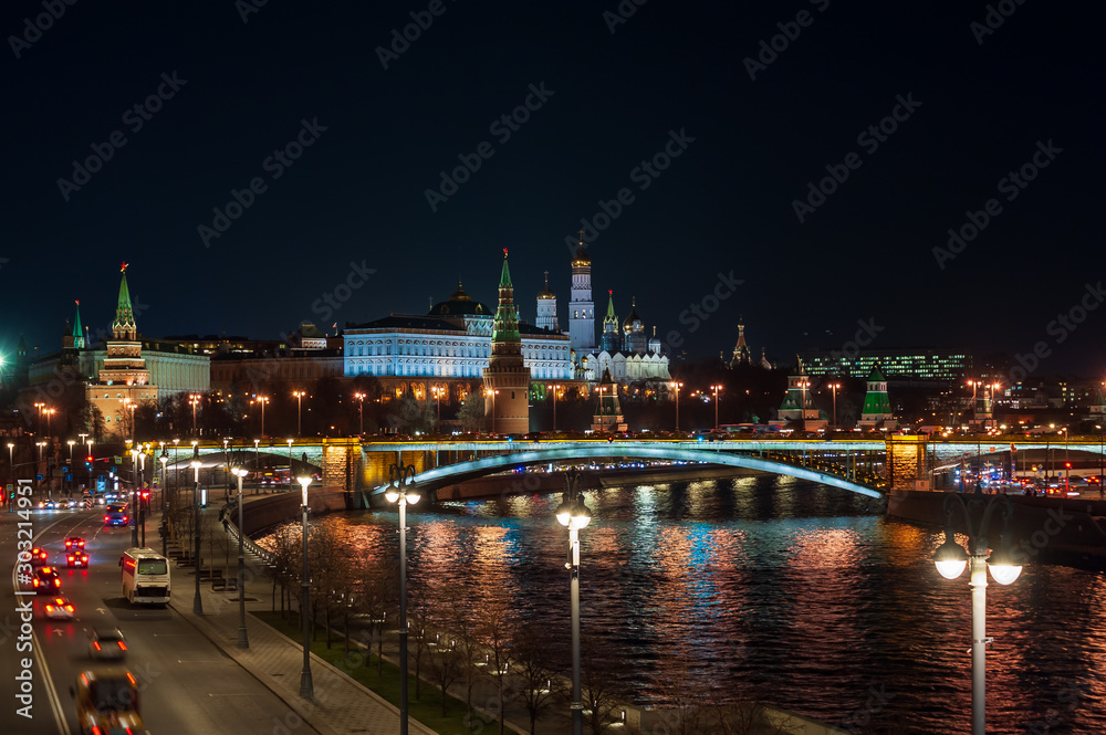 Moscow Kremlin at night and street lighting