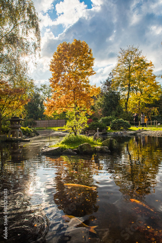 London, England, 10 Nov 2019. Bright Colors in Holland Park's Japanese Kyoto Garden. A place of serenity in the busy city of London