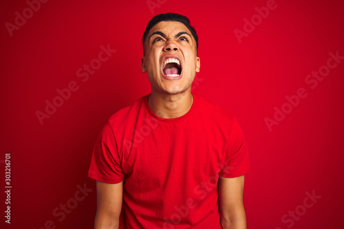 Fotobehang Young brazilian man wearing t-shirt standing over isolated red background angry and mad screaming frustrated and furious, shouting with anger
