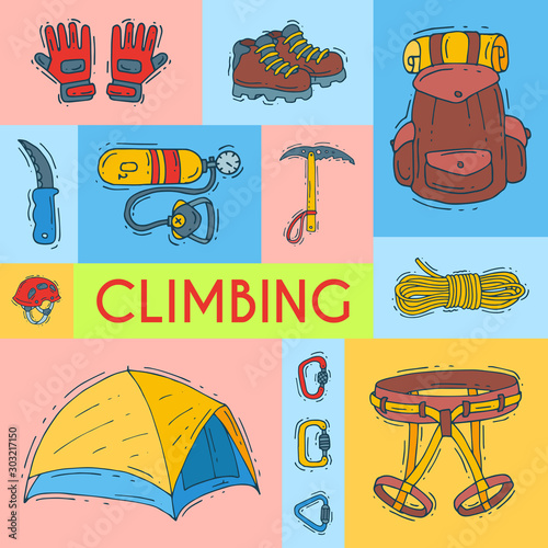 Mountain climbing, alpinism and mountaineering vector illustration. Hiking equipment cartoon symbols poster or card for invitation. Icons of hiker adventures