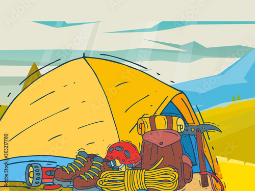 Mountain climbing, alpinism and mountaineering cartoon symbols banner. Hiking equipment vector illustration. Hike for web pages, books and posters