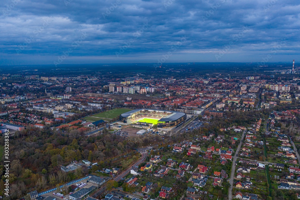 Aerial drone view on Zabrze city and stadium
