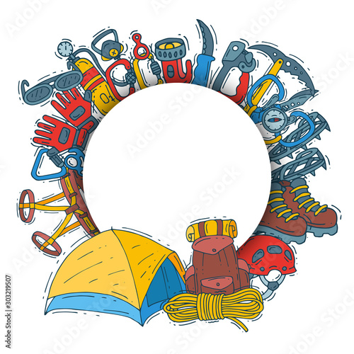 Hiking equipment circle vector set illustration. Mountain climbing, alpinism and mountaineering cartoon symbols located around place for text. Hiker adventures