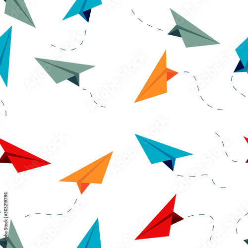 Travel concept seamless pattern. Airplane route in the dotted line shape. Colorful paper airplanes, in path. Vector