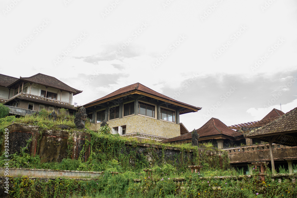 Balinese architecture, a huge complex of buildings overgrown with plants