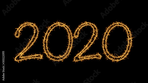 Sparkling title to celebrate Happy New Year 2020. Sparkling gold glow around numbers