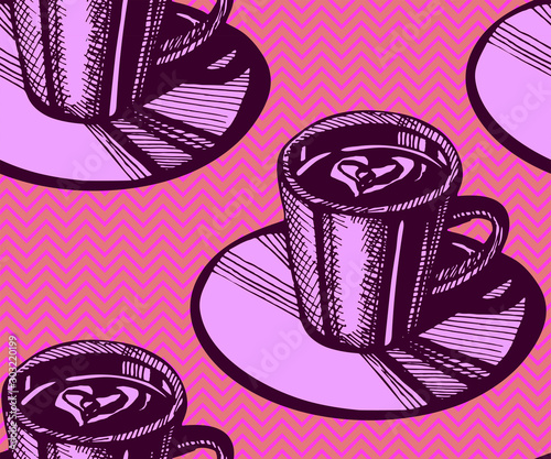Seamless pattern with a cup of coffee. Hand drawing decorative background. Vector pattern. Print for textile, cloth, wallpaper, scrapbooking