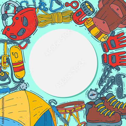 Hiking equipment circle vector set illustration. Mountain climbing, alpinism and mountaineering cartoon symbols located around place for text. Hiker adventures