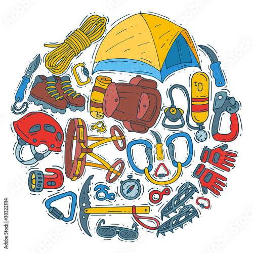Hiking equipment circle vector set illustration. Mountain climbing, alpinism and mountaineering cartoon symbols. Hiker adventures