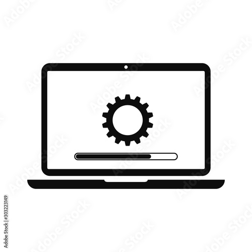 Laptop and gears icon with update screen. Update process, install new software, operating system, update support, setting options, maintenance, adjusting app, laptop service concept - for stock