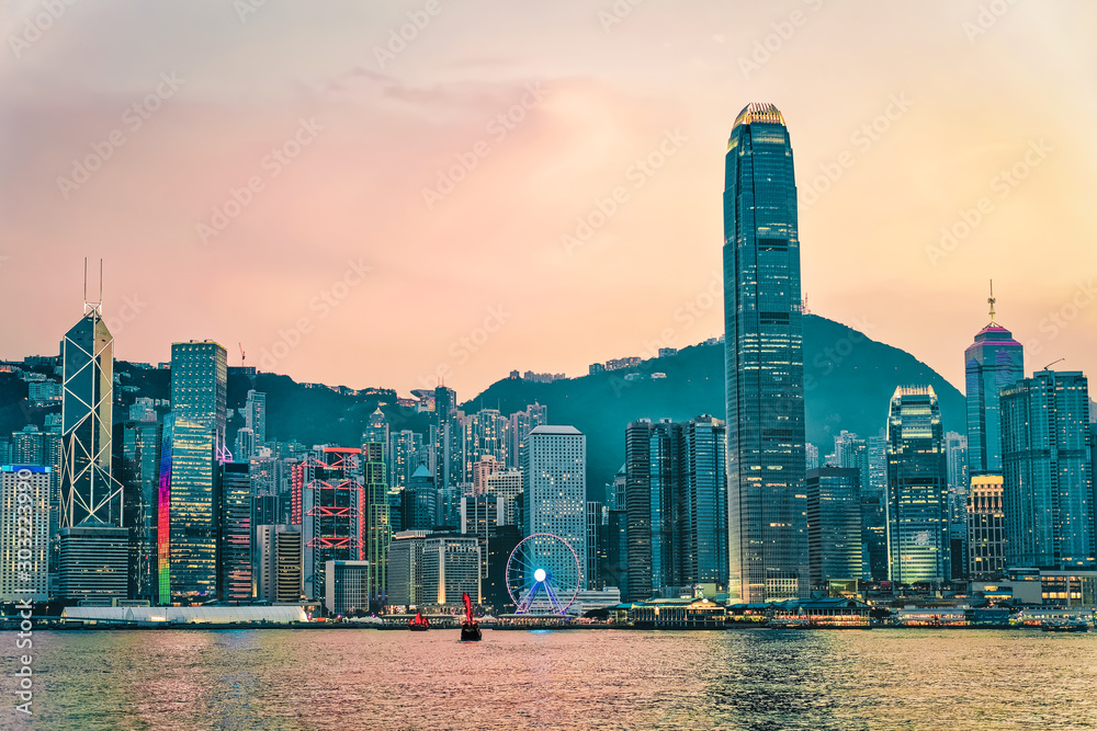 Fototapeta premium Skyline at Victoria Harbor, Hong Kong. View from Kowloon on HK Island.