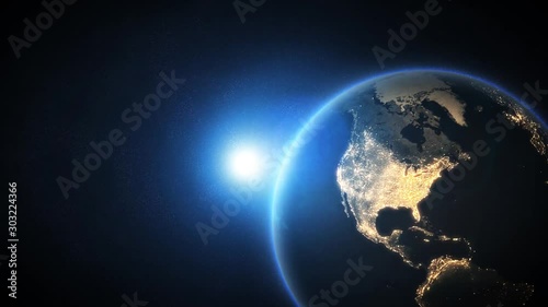 World and sun realistic 3D rendering. Shiny sunlight over Planet Earth, cosmos, atmosphere. Shot from Space satellite photo