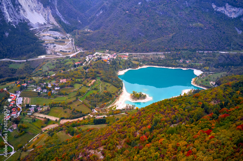 Fototapeta Naklejka Na Ścianę i Meble -  Arial View of Lake Tenno in autumn,Trento,Italy, Europa. Turquoise lake in the mountains