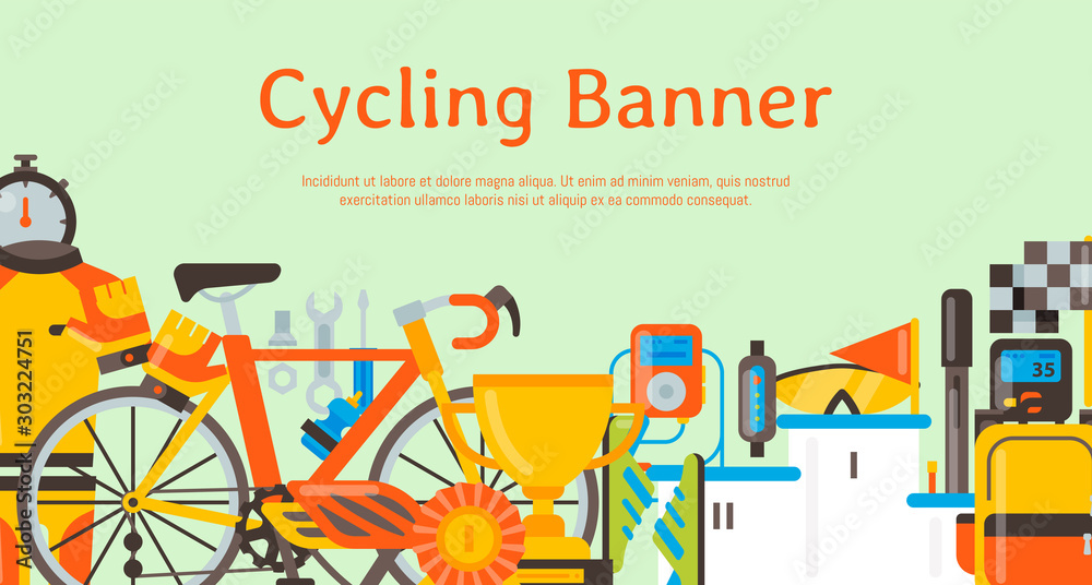 Bicycle uniform and sport accessories banner vector illustration. Bike ...