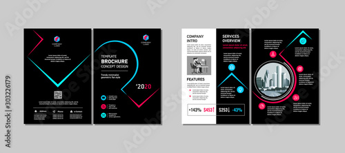Bi-fold brochure creative design. Multipurpose template with cover, back and inside pages. Trendy minimalist flat geometric design. Vertical a4 format.
