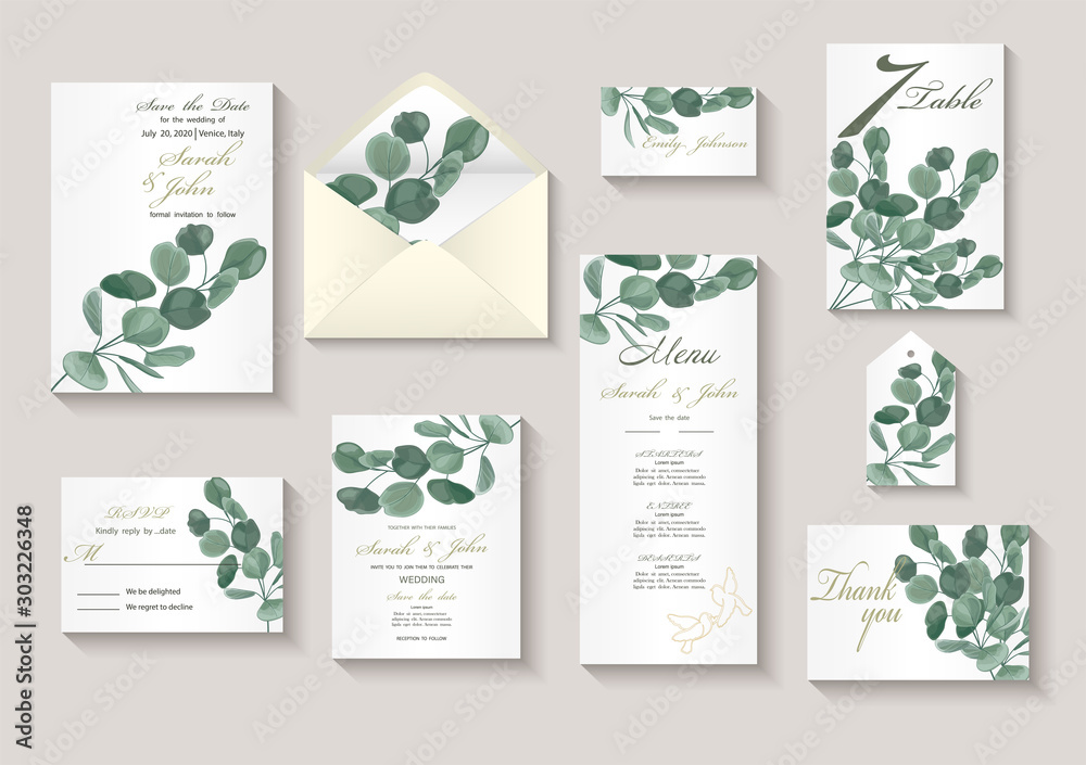 Wedding invitation with leaves eucalyptus, watercolor, isolated on white. Vector Watercolour.