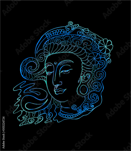 Color illustration of guan yin. Stylized deity guan yin.