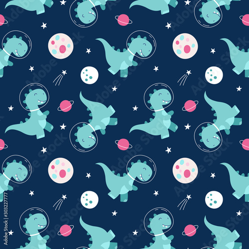 Seamless pattern astronaut dinosaur, cosmos, galaxy, moon, space adventure Print for wrapping, fabric, wallpaper. Vector illustration for children.