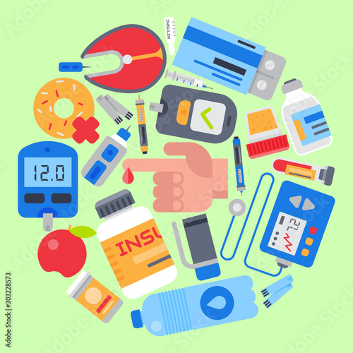 Doctor care about diabetics. Diabetes mellitus care round set vector illustration. Sugar and insulin levels, healthy living for health diabetics