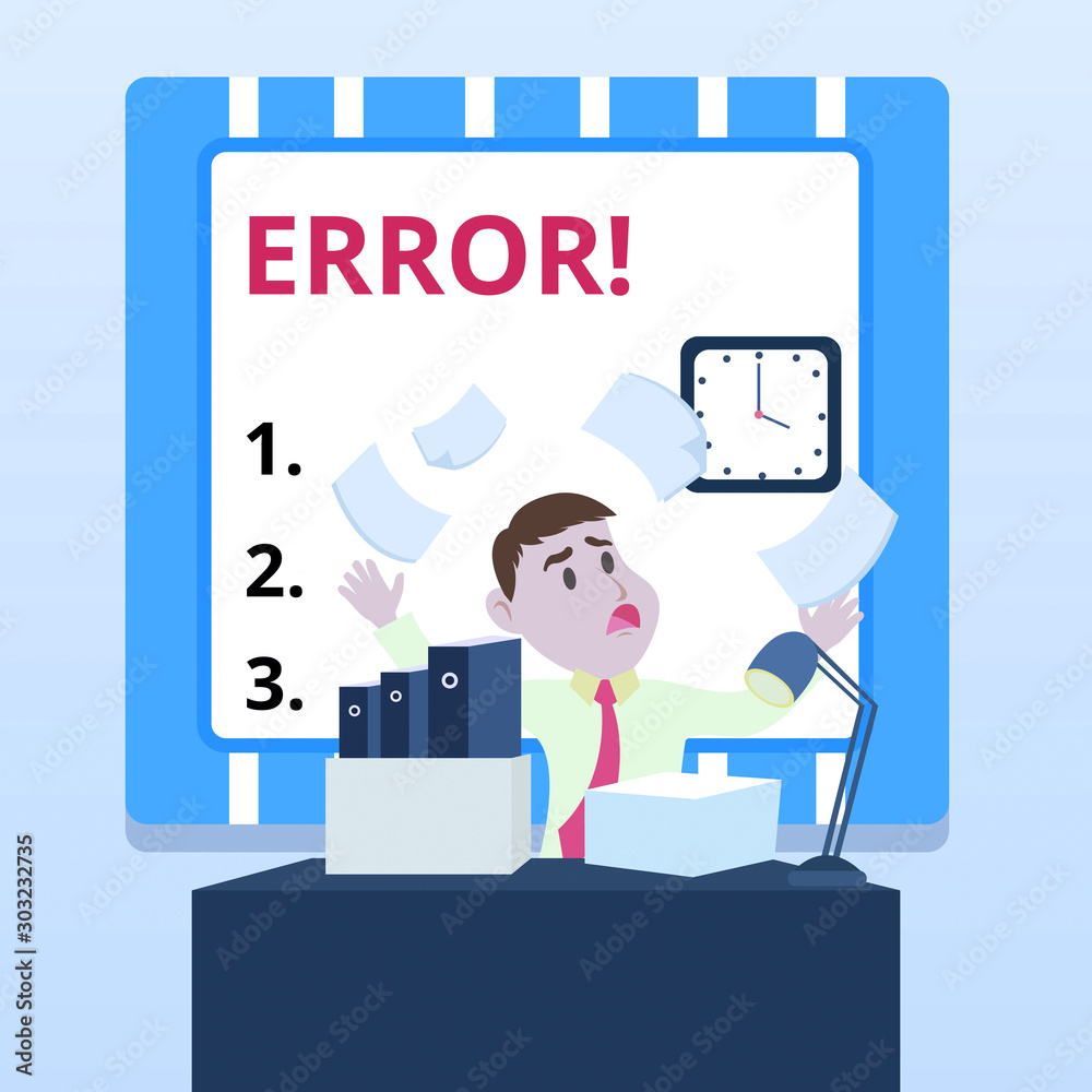 Word writing text Error. Business photo showcasing state or condition of being wrong in conduct judgement or program Confused Male Employee Manager Cluttered Workspace Overflow Time Shortage Word writing text Error. Business photo showcasing state or condition of being wrong in conduct judgement or program Confused Male Employee Manager Cluttered Workspace Overflow Time Shortage