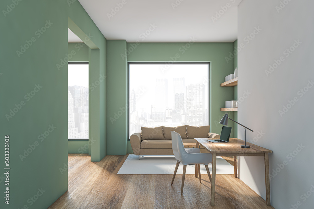 Fototapeta premium Green and white living room interior