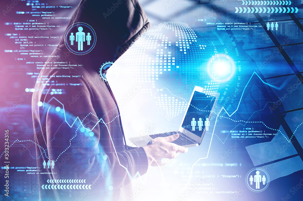Hacker with laptop in city, big data interface Hacker with laptop in city, big data interface