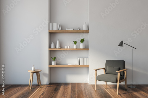 White living room with armchair and shelves photo